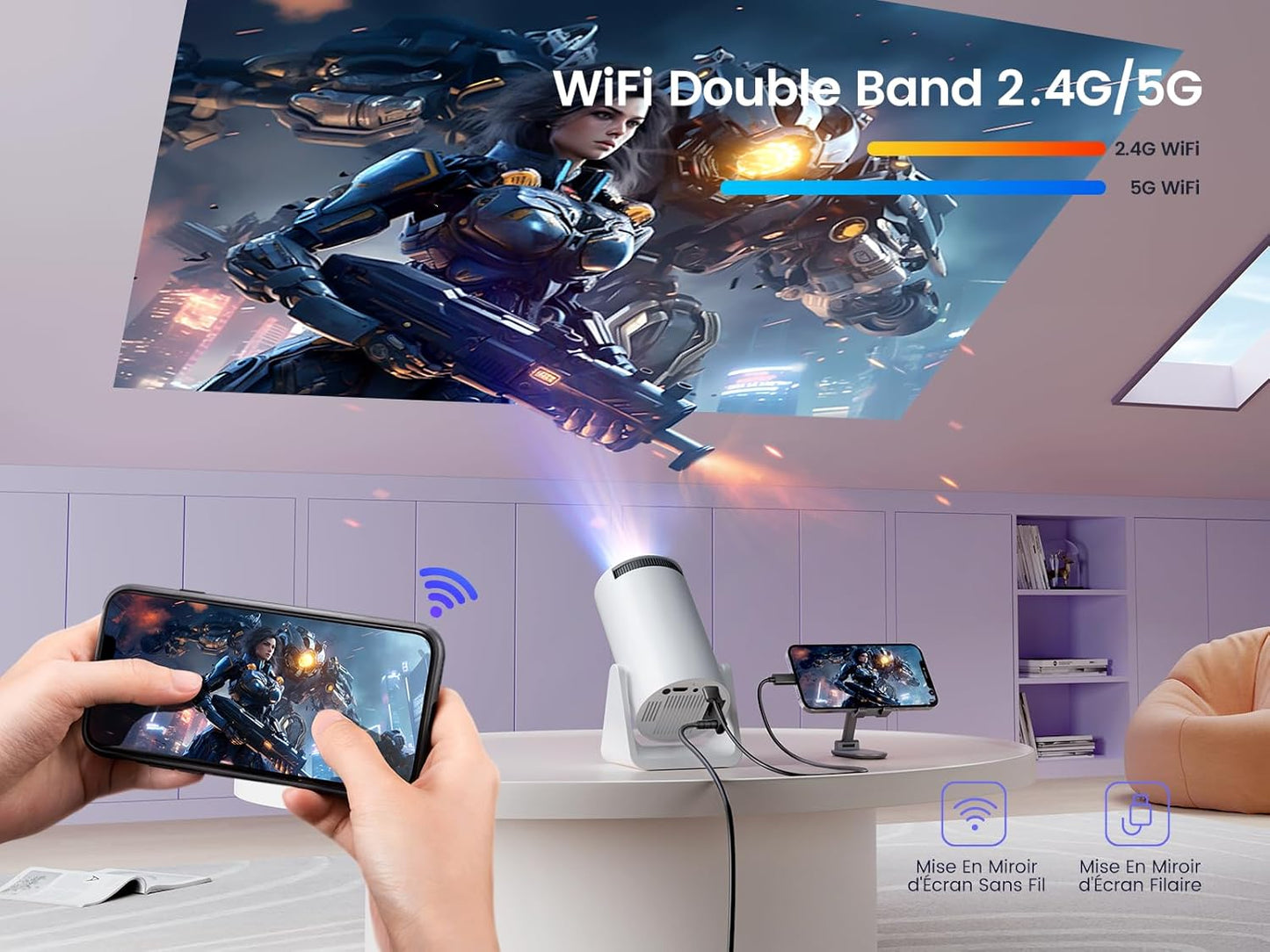 【Auto Keystone】 Mini Projecteur 4K 1080P Full HD Supporté, 20000 Lumens Courte Focale Wimius Vidéoprojecteur Portable Wifi Bluetooth Avec Angle 270° Projecteur Home Cinéma Pour PS5/TV Stick HDMI USB